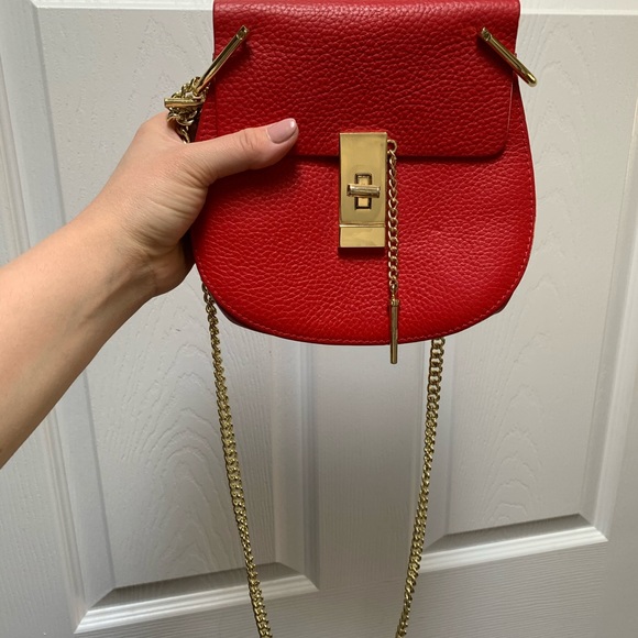 Real Leather Bright Red and Gold Chain Crossbody - Picture 2 of 4